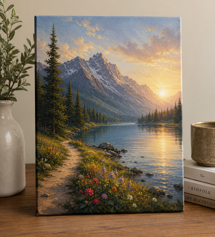 Canvas print of a mountain landscape with a lake and sunset, placed on a wooden surface.