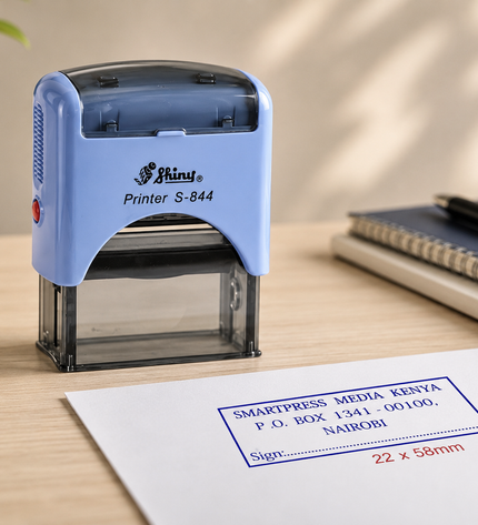 Blue stamp on a desk with a printed stamp impression on paper