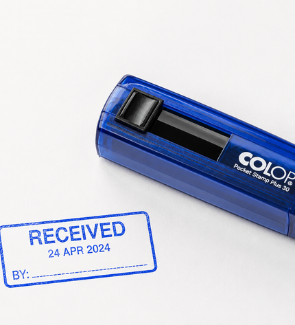 Blue Colop stamp machine with a stamped 'RECEIVED' on a white background