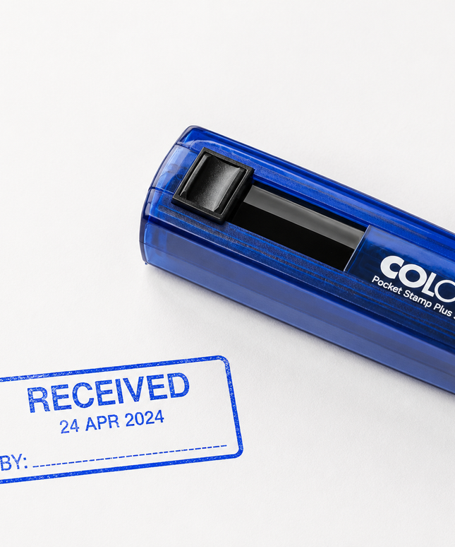 Blue Colop stamp machine with a stamped 'RECEIVED' on a white background