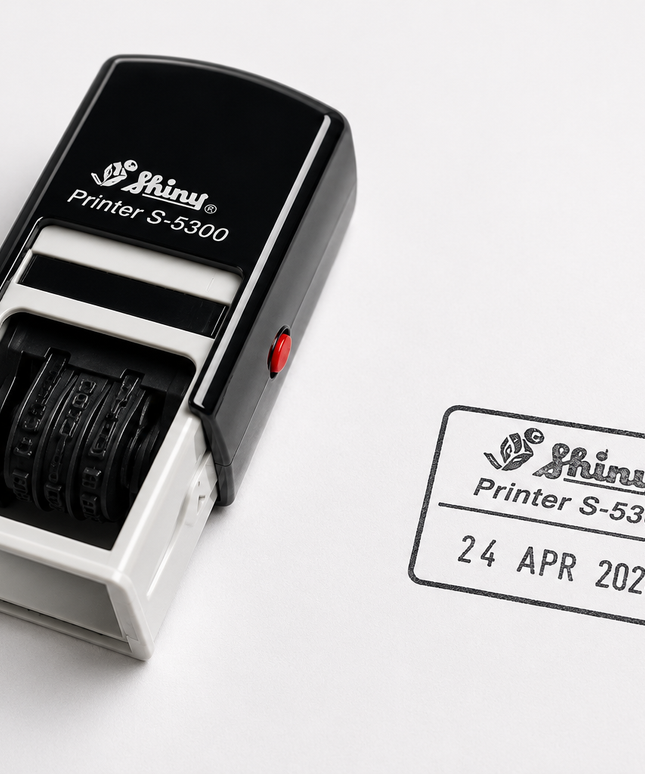 Shiny self-inking stamp with ink cartridge on a white background