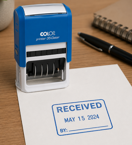 Colop printer dater stamp on a piece of paper with 'RECEIVED' stamp, pen, and notebook in the background.