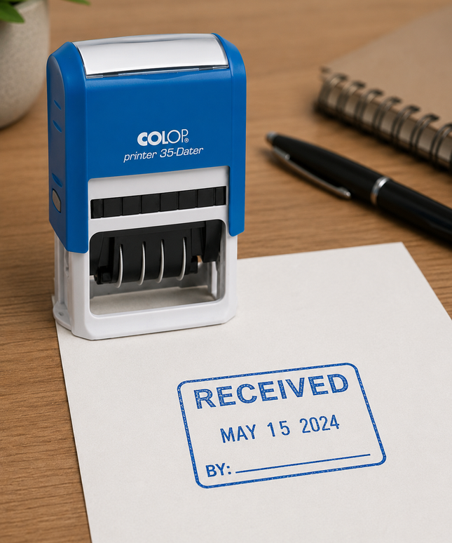 Colop printer dater stamp on a piece of paper with 'RECEIVED' stamp, pen, and notebook in the background.