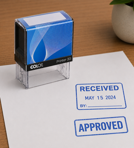 Colop stamp on a piece of paper with 'Received', 'Approved', and 'May 15, 2024' stamps.