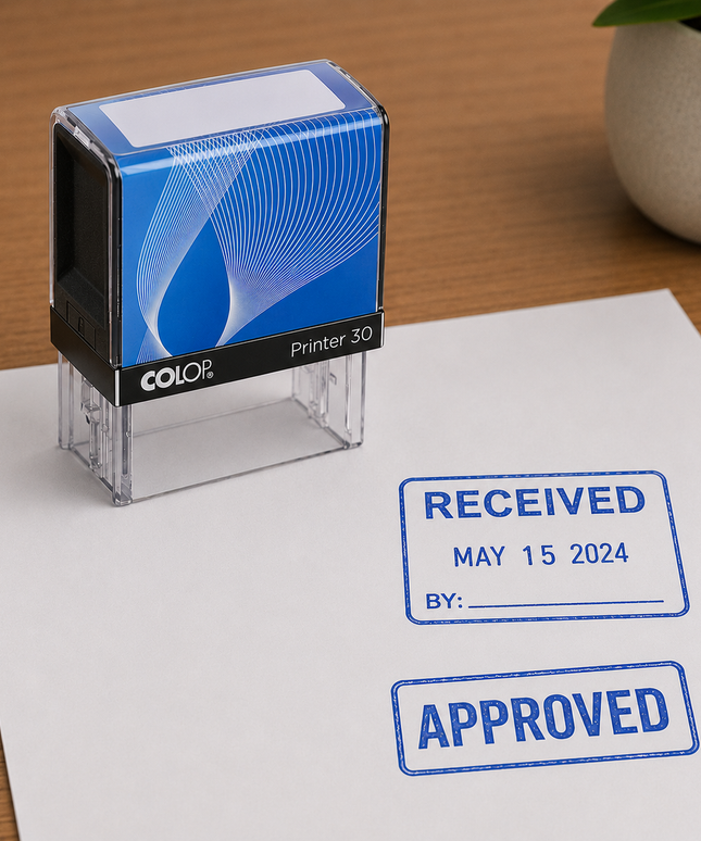 Colop stamp on a piece of paper with 'Received', 'Approved', and 'May 15, 2024' stamps.