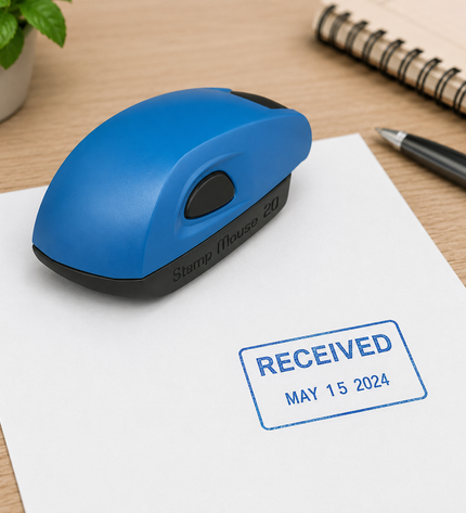 Blue stamp with 'RECEIVED' text on a piece of paper on a desk.