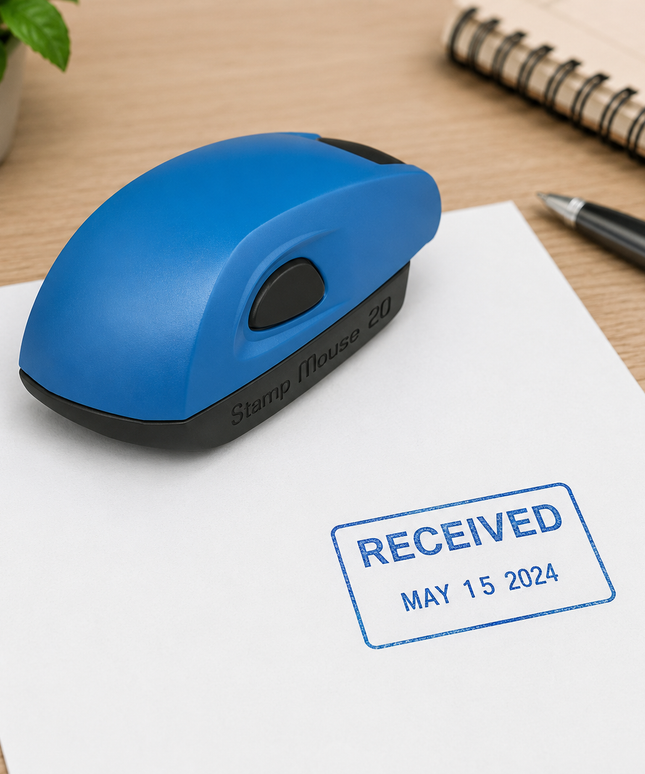 Blue stamp with 'RECEIVED' text on a piece of paper on a desk.