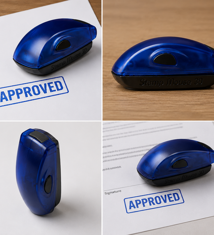 Blue stamp with 'APPROVED' impression on paper, shown from multiple angles.