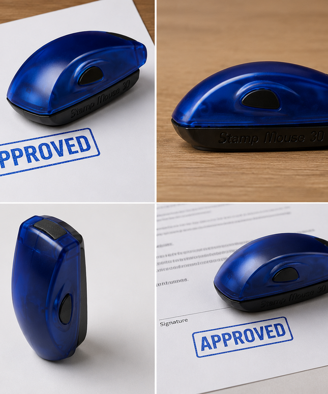 Blue stamp with 'APPROVED' impression on paper, shown from multiple angles.