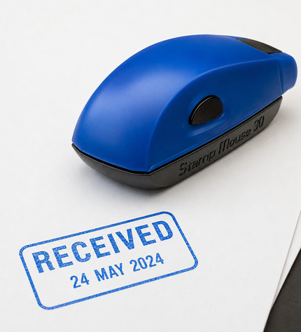 Blue stamp with 'RECEIVED' text on a white background