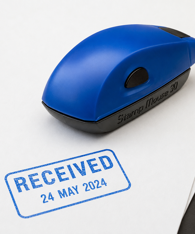 Blue stamp with 'RECEIVED' text on a white background