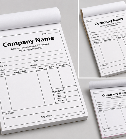 Set of invoice forms with company name and contact details on a light gray background