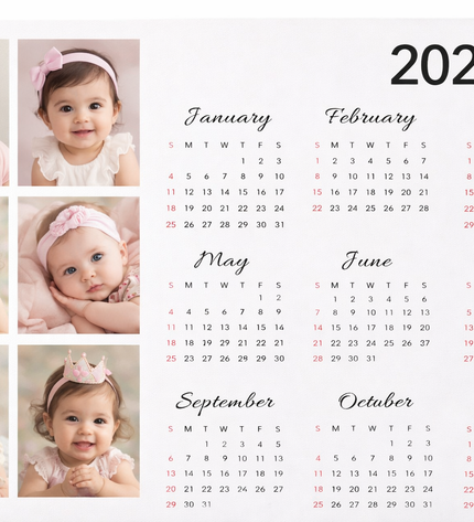 Calendar for 2026 with six photos of a baby girl on a white background