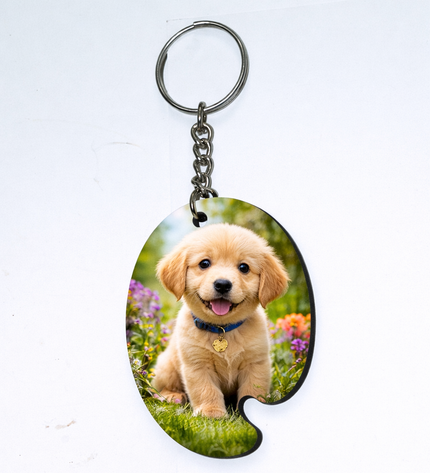 Keychain with a puppy photo on a white background