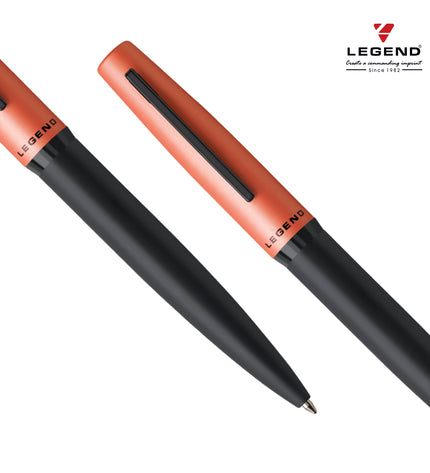 Two black and red pens with 'Legend' branding on a white background