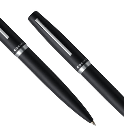 Two black pens with silver accents on a white background, branded 'Legend'.
