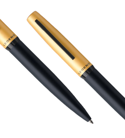 Two gold and black pens with 'Legend' branding on a white background