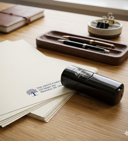 Black pen case, envelopes, and pens on a wooden surface