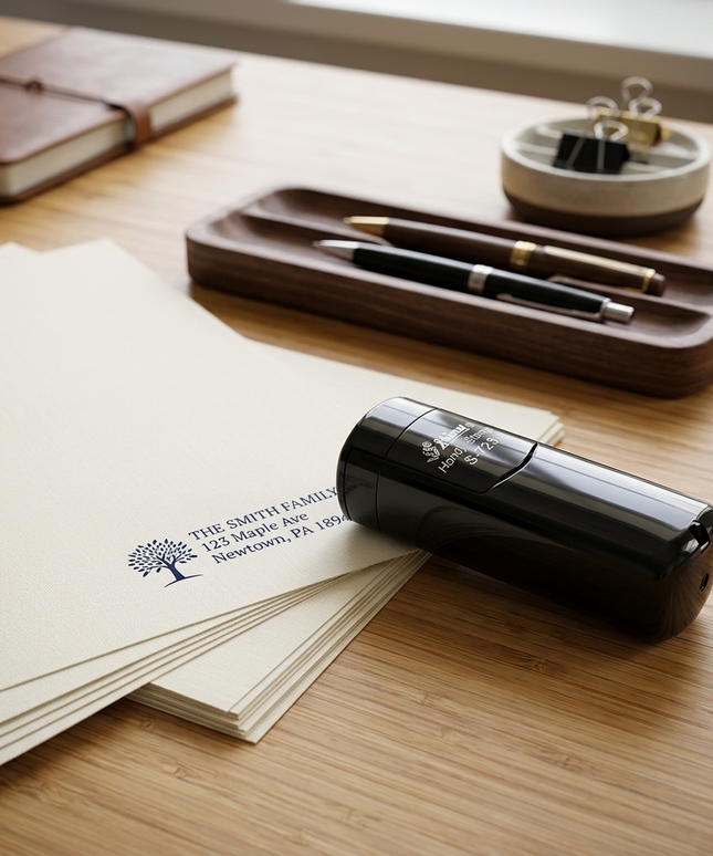 Black pen case, envelopes, and pens on a wooden surface