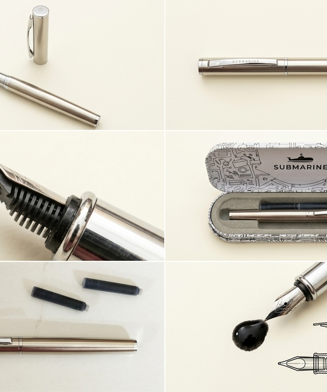 Submarine Engraved Silver Fountain Pen