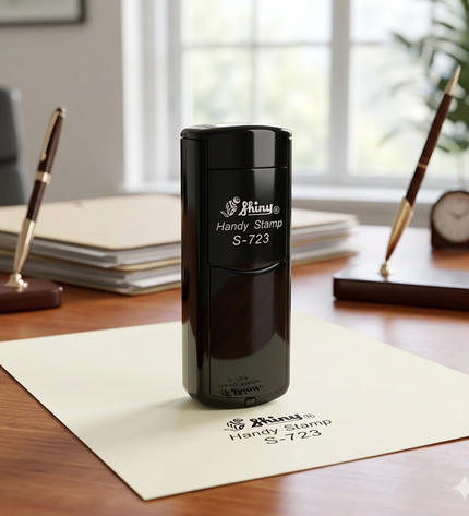 Black stamp on a desk with office supplies in the background