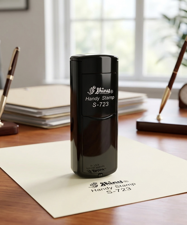 Black stamp on a desk with office supplies in the background