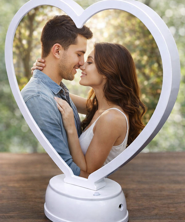 Heart-shaped photo frame with a couple embracing inside, placed on a wooden surface.