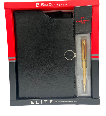 Pierre Cardin Paris Elite set with black diary, gold pen, and keychain in red packaging.