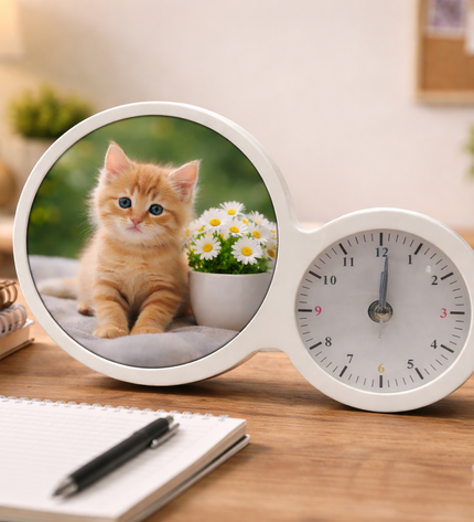 Desk with a clock showing a kitten and flowers, surrounded by stationery items.