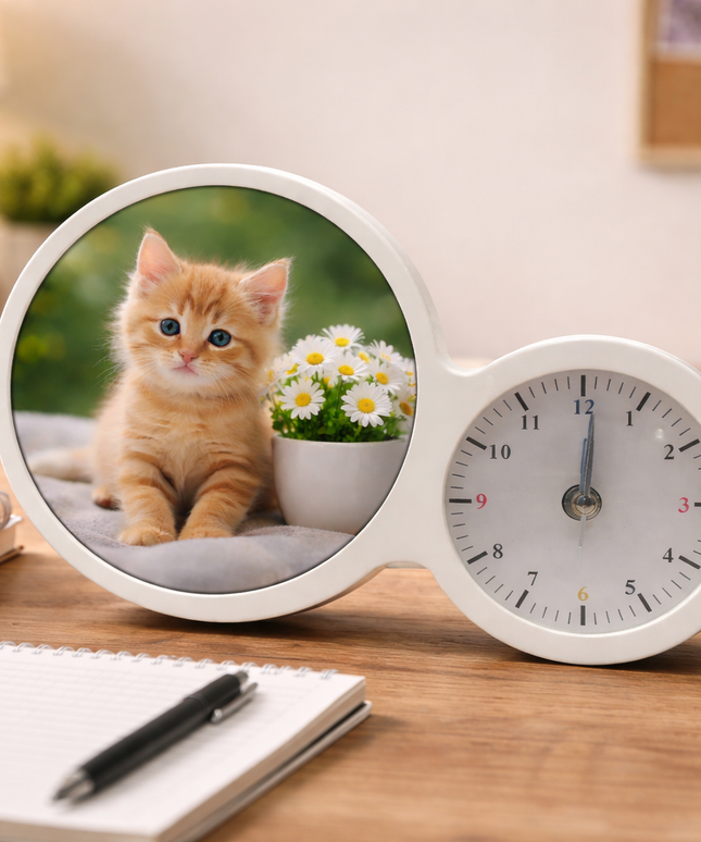 Desk with a clock showing a kitten and flowers, surrounded by stationery items.
