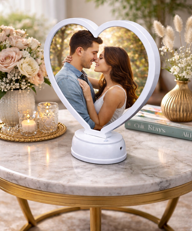 Heart-shaped photo frame with a couple's reflection on a marble table with decorative items.