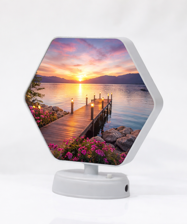 Hexagonal digital photo frame displaying a sunset over a dock scene on a white background.