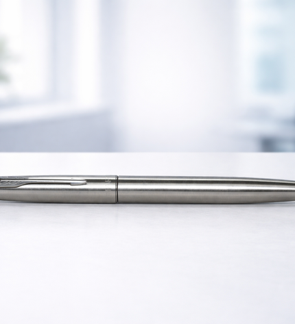 Silver pen on a white surface with a blurred office background