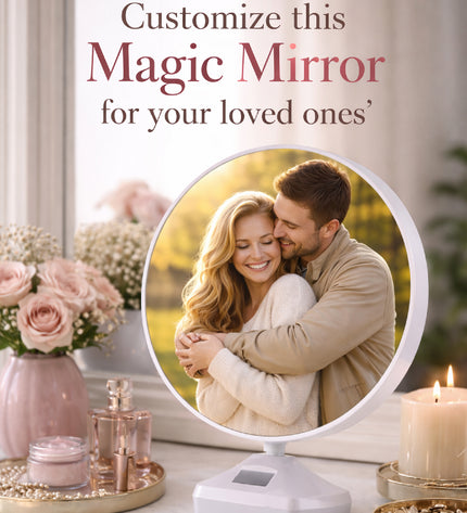 Magic mirror with a photo of a couple on a decorative table with flowers and candles.