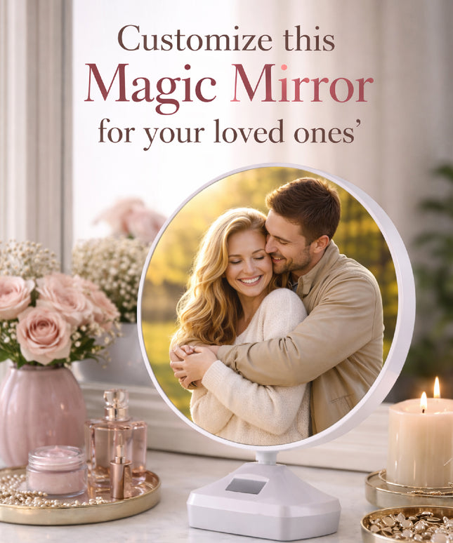 Magic mirror with a photo of a couple on a decorative table with flowers and candles.