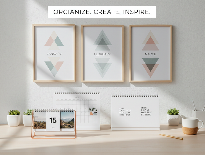 A clean and aesthetic arrangement of wall calendars, desk calendars, and flip calendars on a modern workspace. Subtle shadows, soft light, organized layout, minimal decor, showing different months and designs. Professional and inspiring banner look.