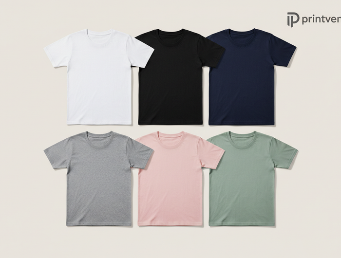 A clean studio layout showing multiple round-neck t-shirts arranged flat in assorted colors, soft shadows, premium cotton texture, modern minimal background, high-detail apparel banner, perfect for ecommerce, 16:9 aspect ratio.
add logo and name on it