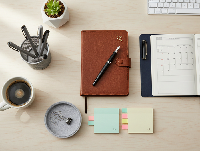 A stylish flat-lay of premium diaries, planners, and organizers arranged on a clean desk. Leather-bound diaries, spiral notebooks, pens, sticky notes, and a cup of coffee. Soft natural lighting, minimalistic modern workspace, high-resolution product-focused banner.