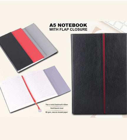 A5 notebook with flap closure on a light background