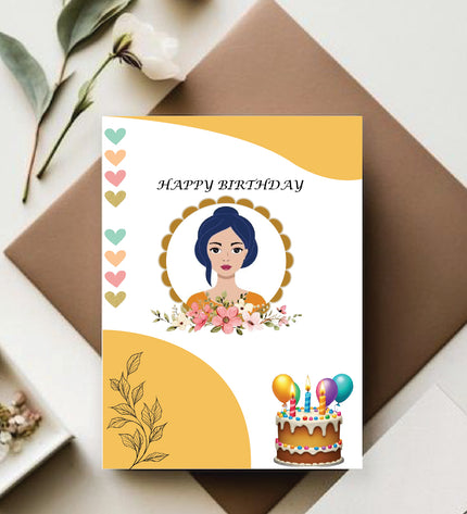 Birthday card with a woman's portrait, flowers, and birthday cake illustration on a white background.