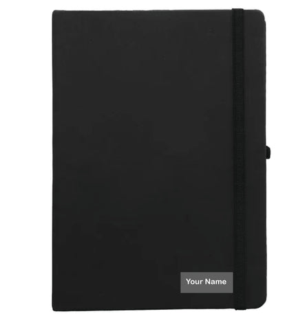 Black notebook with a name label on a white background