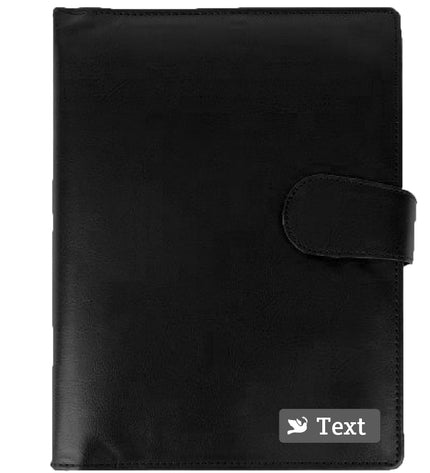 Black leather-bound notebook with a strap closure on a white background