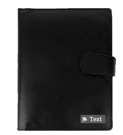 Black leather planner with a brand logo on a white background