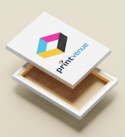 Printvenue packaging with a white box and wooden frame on a beige background
