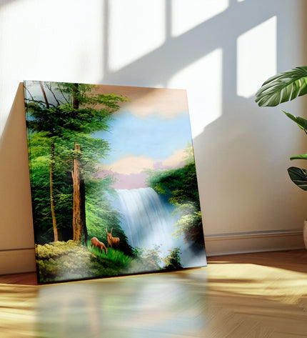 Framed nature print of a forest scene with a waterfall and deer on a wooden floor.