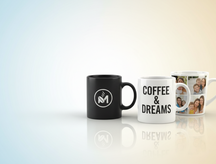 Create a banner image for the mugs different mugs with different logos text and family images and this mugs should be at right side left side should empty and backgorund shoudl it is a gradient blending from a light blue/white on the left to a light yellow/cream on the right
