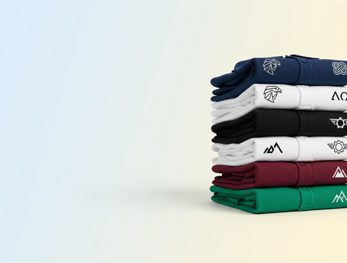 createa a beutiful banner image for the custom polo tshirst folded which has diferent logos and this should place on right side only keep empty left side aand background it is a gradient blending from a light blue/white on the left to a light yellow/cream on the right