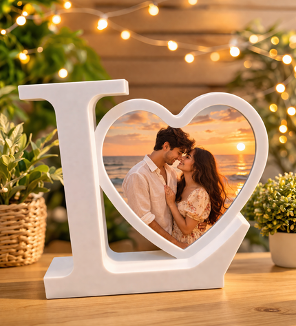 Decorative 'I Love You' frame with a couple at sunset in the background