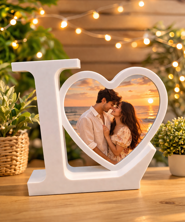 Decorative 'I Love You' frame with a couple at sunset in the background