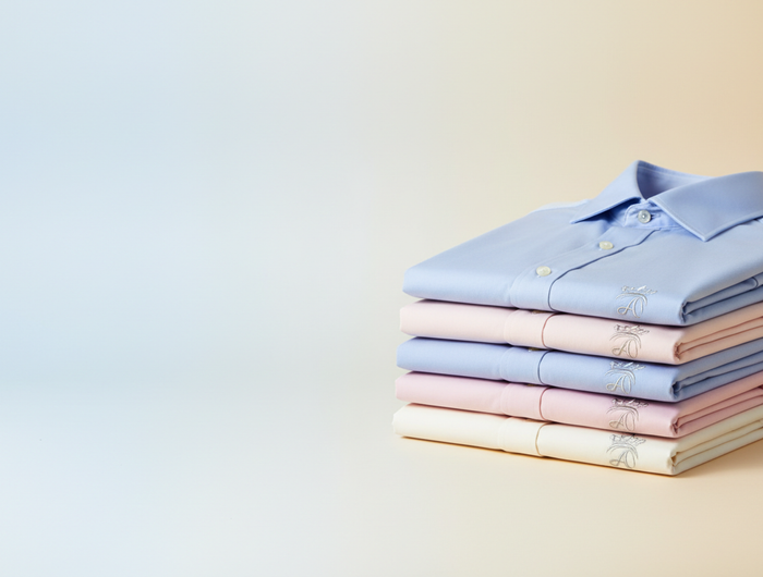 Gnereate a banner image for the formal embroided shirts with logo folded differnt shitrs on right half side only with background it is a gradient blending from a light blue/white on the left to a light yellow/cream on the right